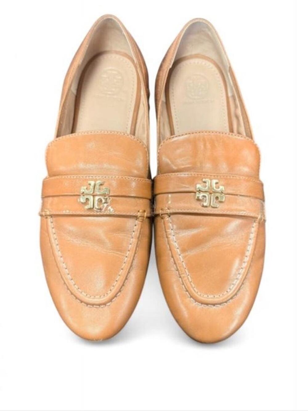 Tory Burch Eleanor Loafers, caramel color, gold Double T motif. Size 7